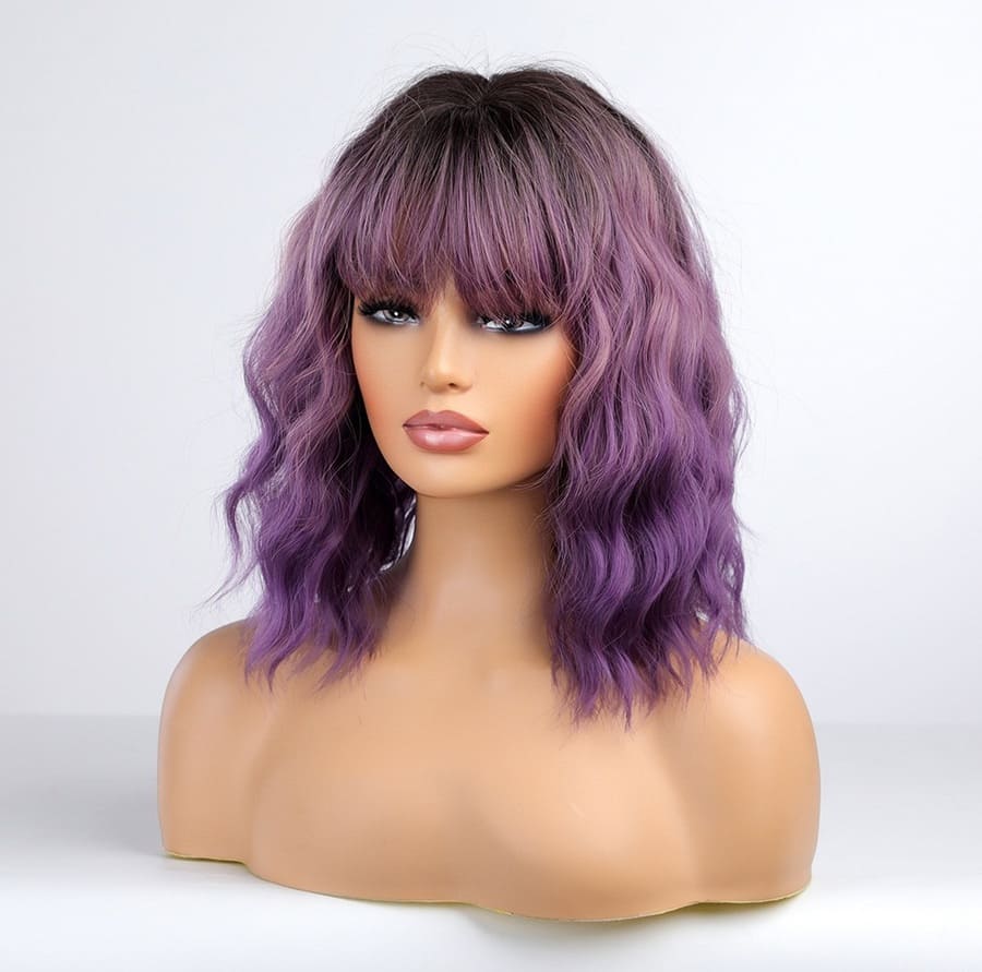 14 Inch Ombre Purple Loose Wave Bob Wig with Bangs