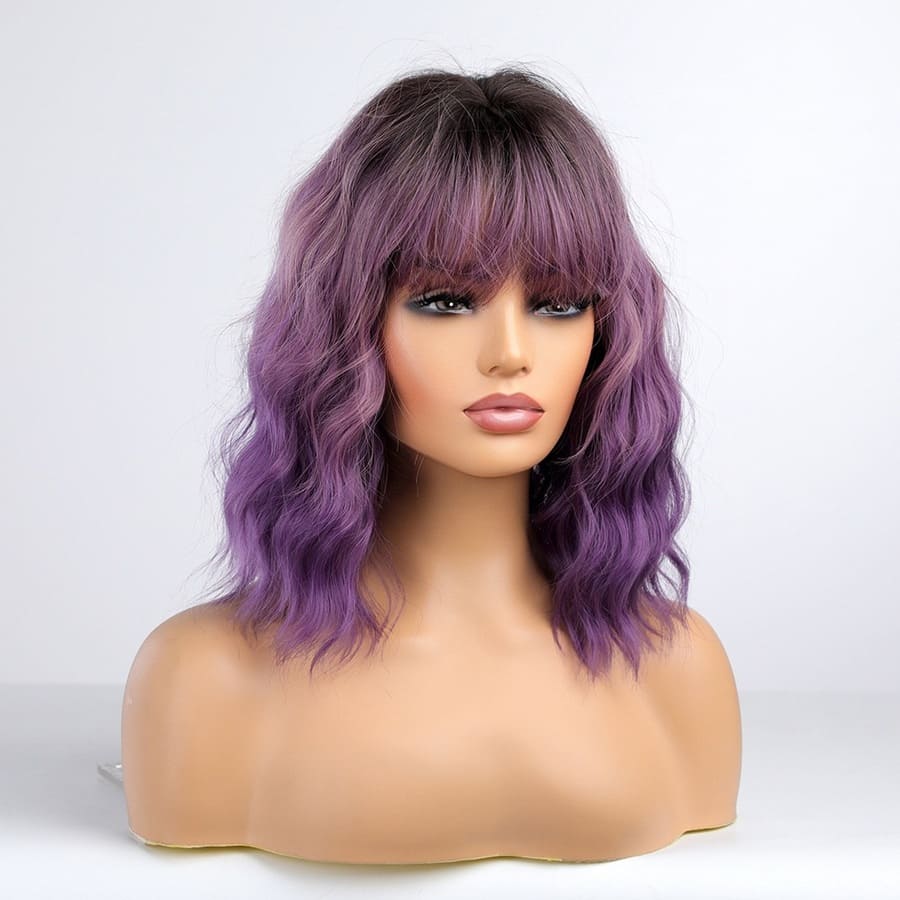 14 Inch Ombre Purple Loose Wave Bob Wig with Bangs