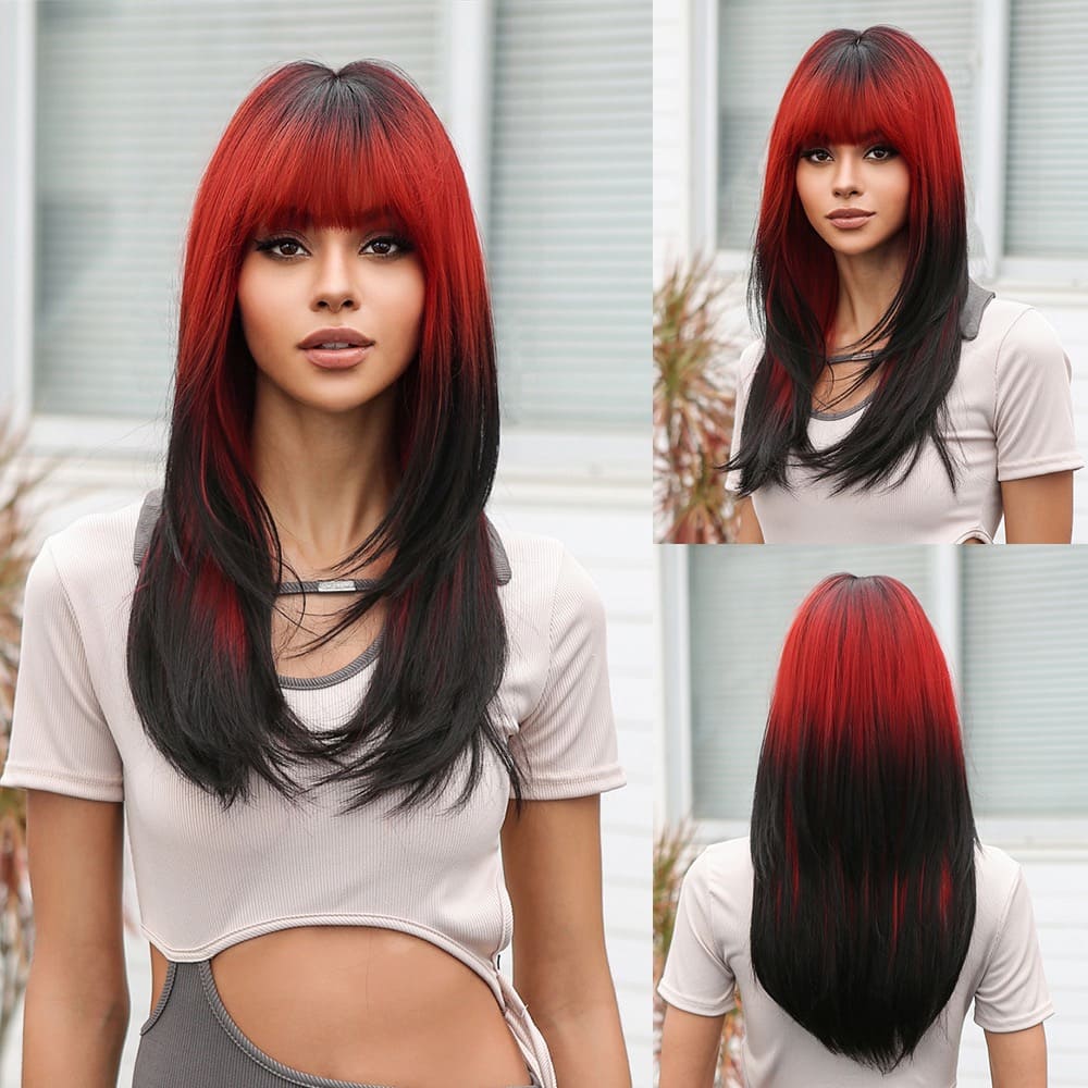 22'' Long Ombre Red and Black Straight Wig with Bangs