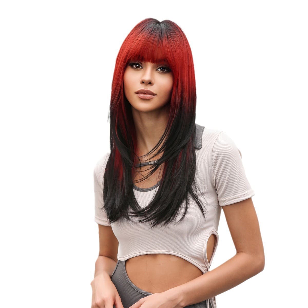 22'' Long Ombre Red and Black Straight Wig with Bangs