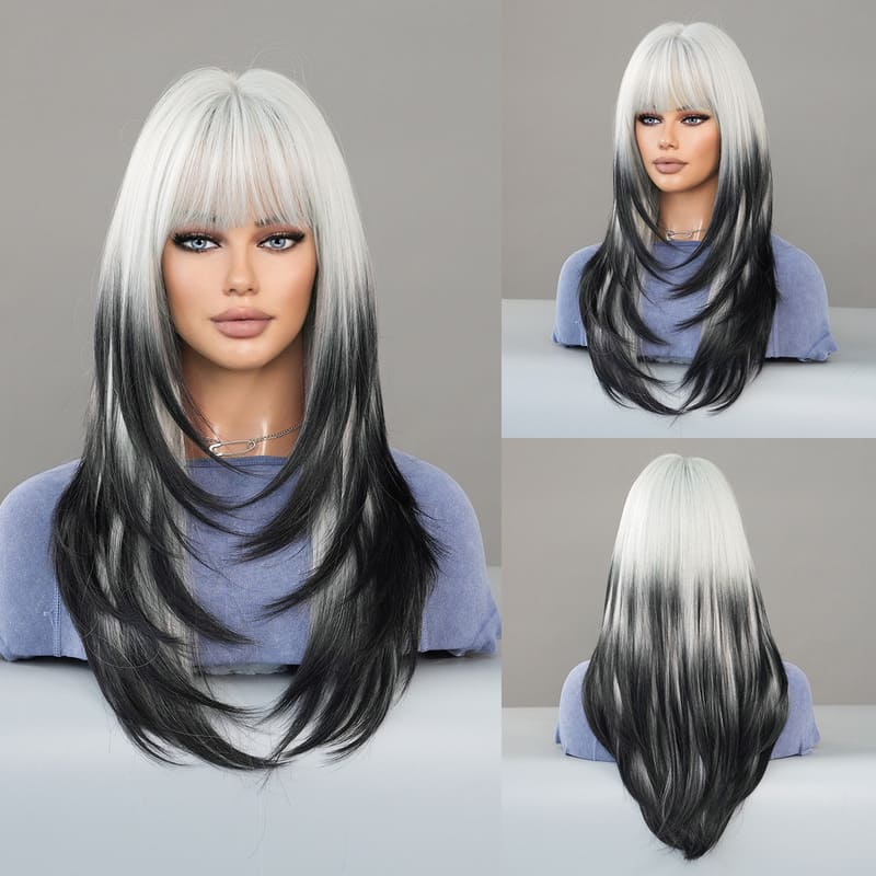 White & Black Two Tone Layered Long Halloween Straight Wig