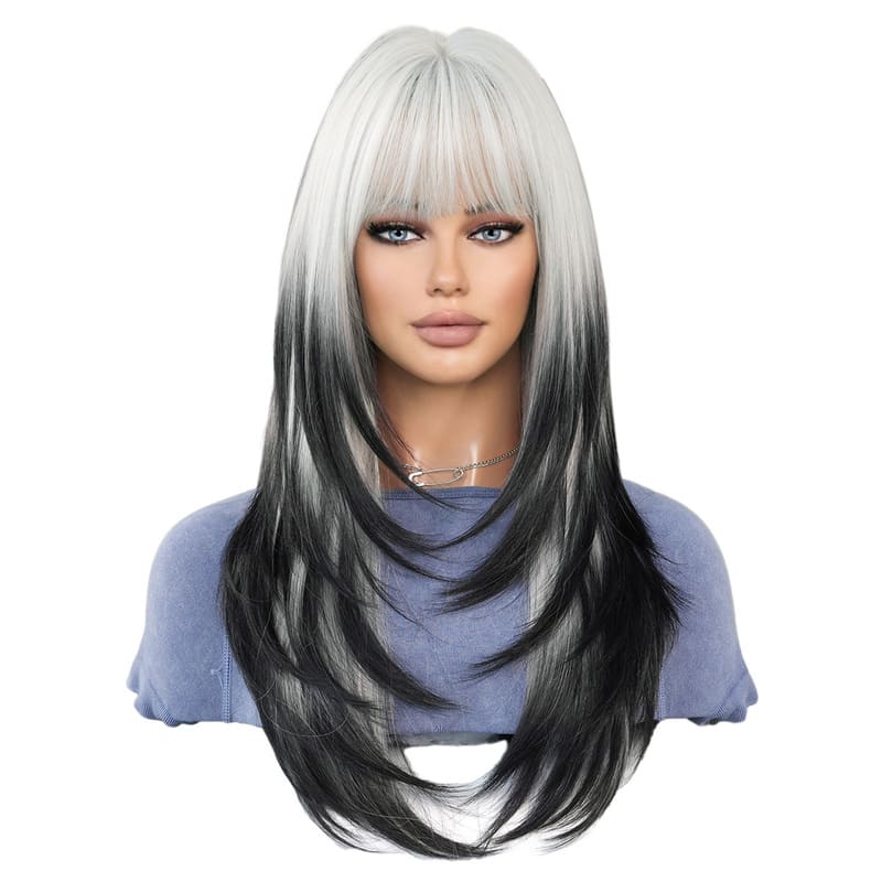 White & Black Two Tone Layered Long Halloween Straight Wig