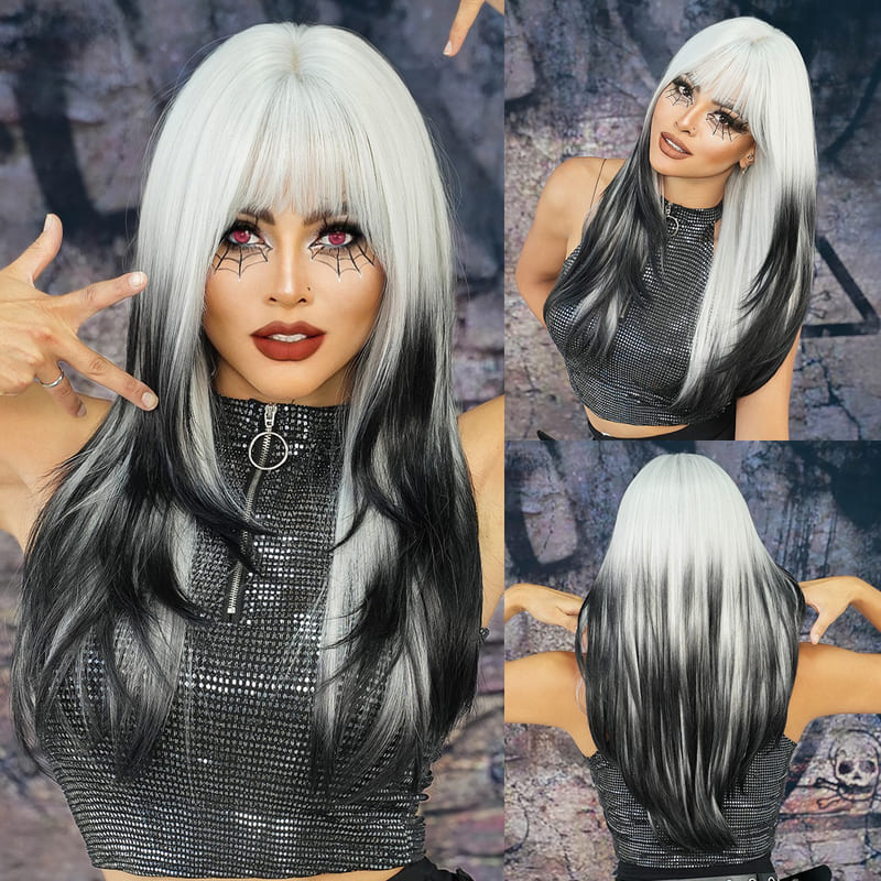 White & Black Two Tone Layered Long Halloween Straight Wig