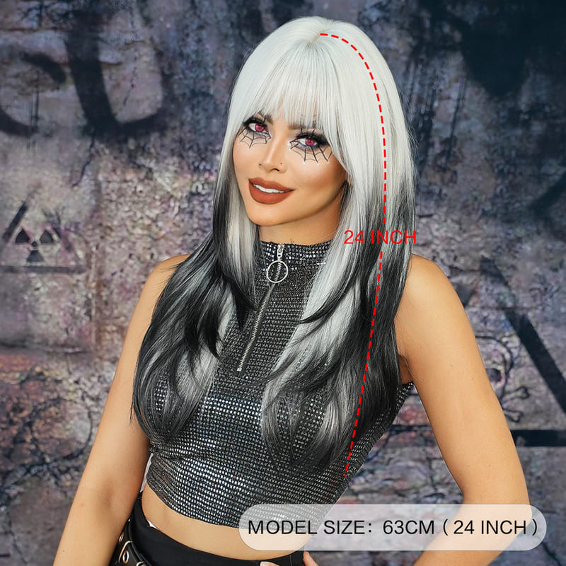 White & Black Two Tone Layered Long Halloween Straight Wig