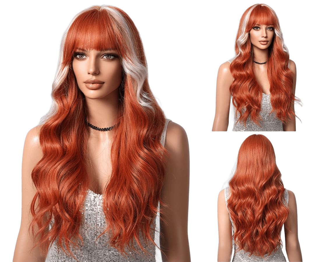 26'' Orange & White Highlights Loose Wave Wig with Bangs