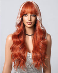 26'' Orange & White Highlights Loose Wave Wig with Bangs