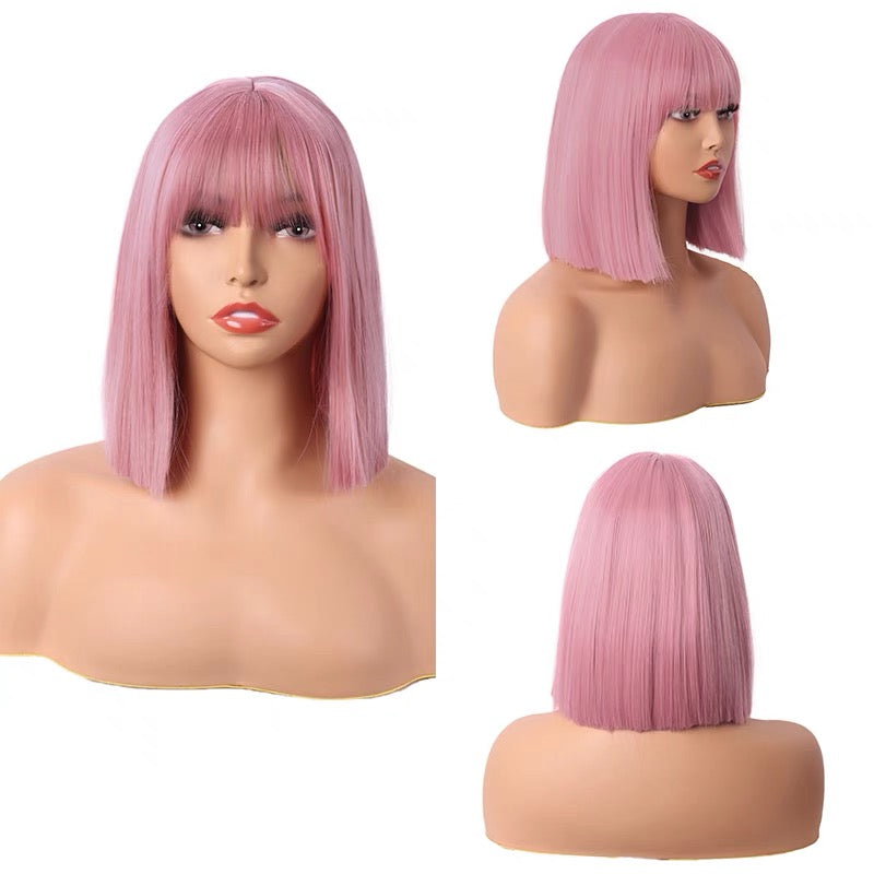 Pale Pink Short Straight Blunt Cut Fringe Bob Wig for Cosplay