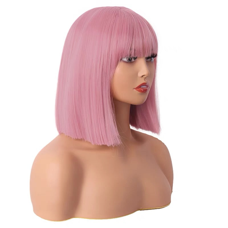 Pale Pink Short Straight Blunt Cut Fringe Bob Wig for Cosplay