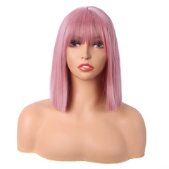 Pale Pink Short Straight Blunt Cut Fringe Bob Wig for Cosplay