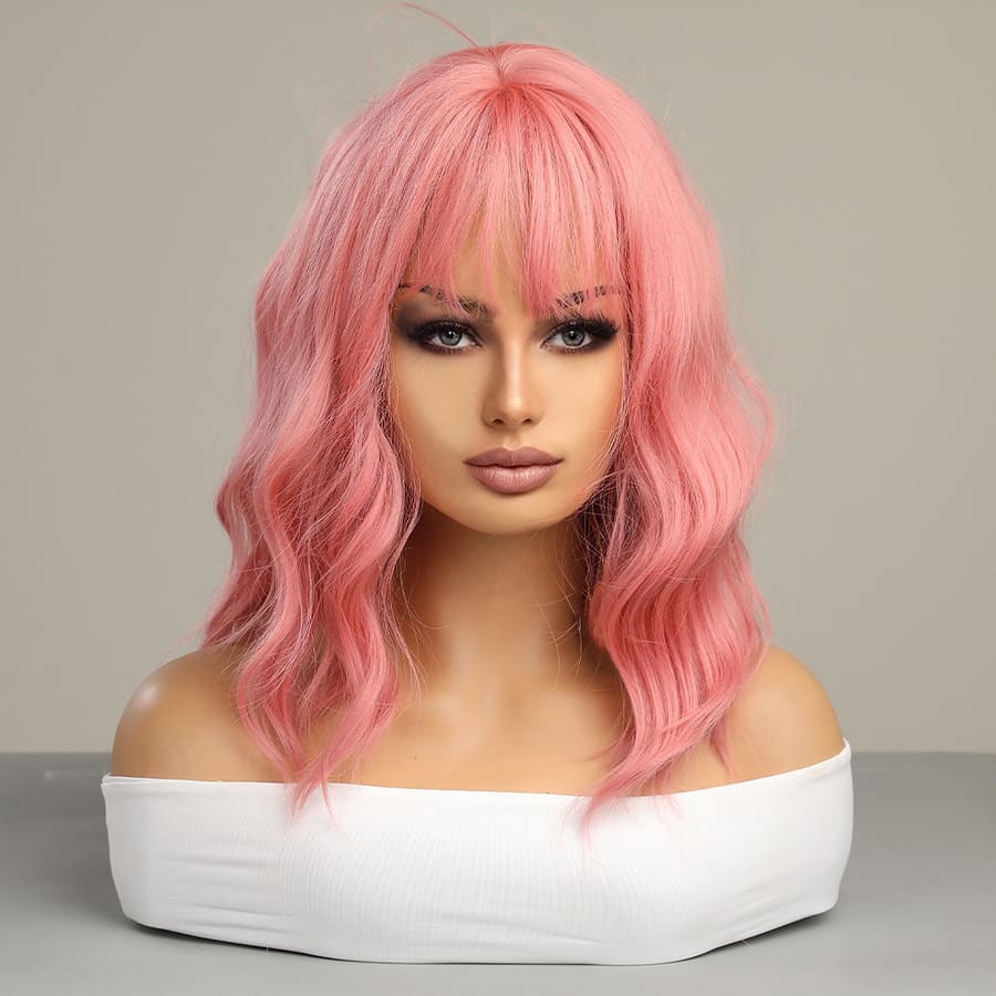 14 Inch Pink Loose Wave Bob Wig with Bangs