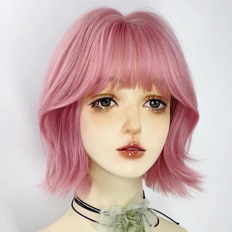 Pink Playful Subtle Wave Short Bob Wig with Bangs