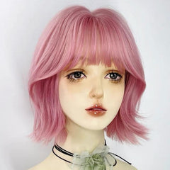 Pink Playful Subtle Wave Short Bob Wig with Bangs
