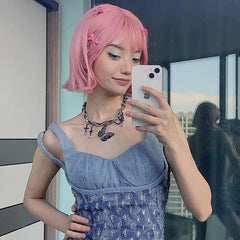 Pink Playful Subtle Wave Short Bob Wig with Bangs