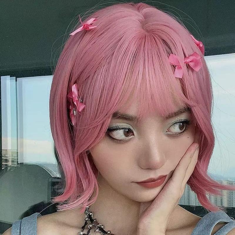 Pink Playful Subtle Wave Short Bob Wig with Bangs