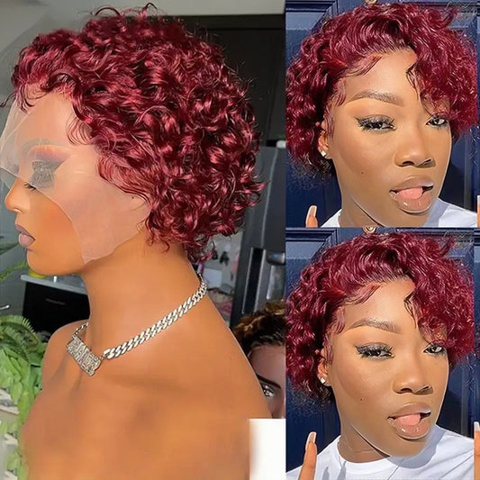 6 Inch Pixie Cut 13x2 Front Lace Red Wavy Human Hair Wig For Black Women