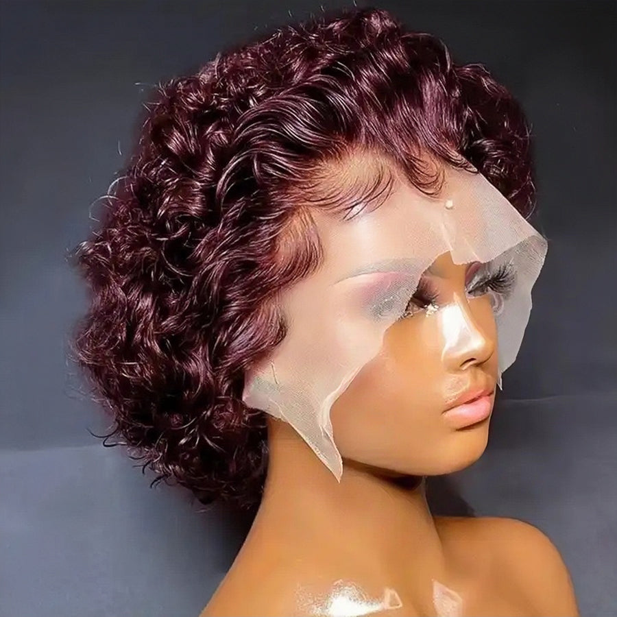 6 Inch Pixie Cut 13x2 Front Lace Red Wavy Human Hair Wig For Black Women