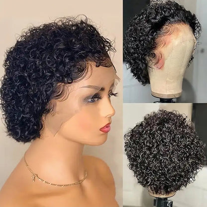 6 Inch Pixie Cut Front Lace Natural Black Curly Wavy Human Hair Wig