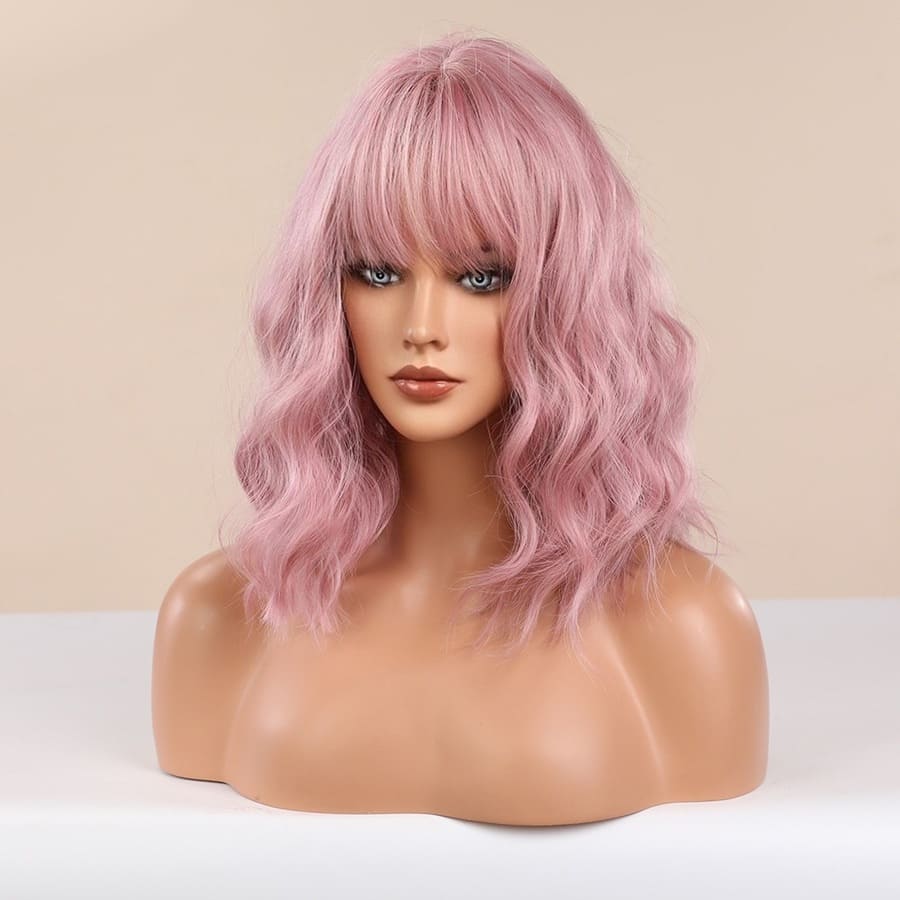 14 Inch Sakura Pink Loose Wave Bob Wig with Bangs