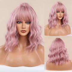 14 Inch Sakura Pink Loose Wave Bob Wig with Bangs