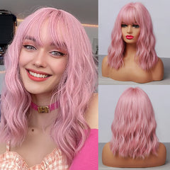 14 Inch Sakura Pink Loose Wave Bob Wig with Bangs