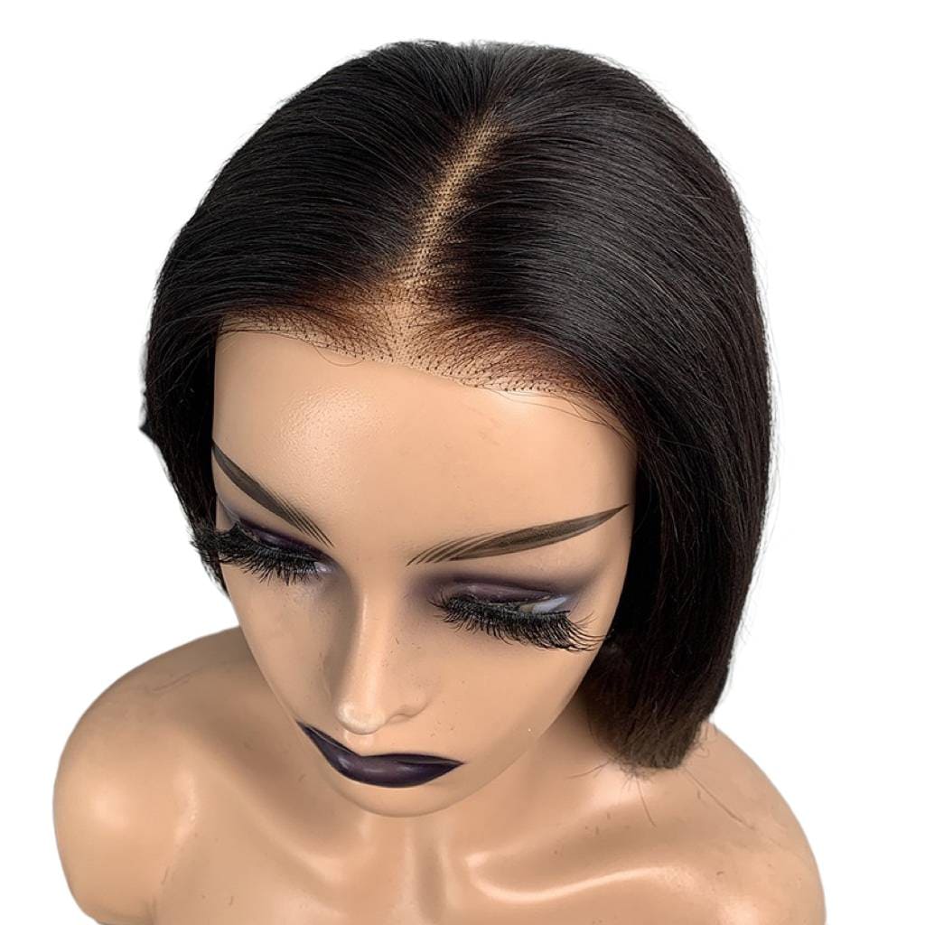 Black 13x4 Front Lace Short Yaki Straight Human Hair Bob Wig