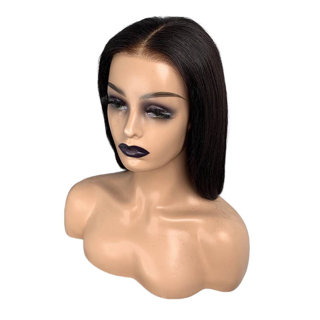 Black 13x4 Front Lace Short Yaki Straight Human Hair Bob Wig