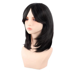 Shoulder Length Layered Curtain Bangs Wavy Wig Natural Black