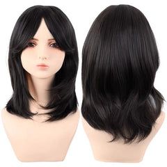 Shoulder Length Layered Curtain Bangs Wavy Wig Natural Black