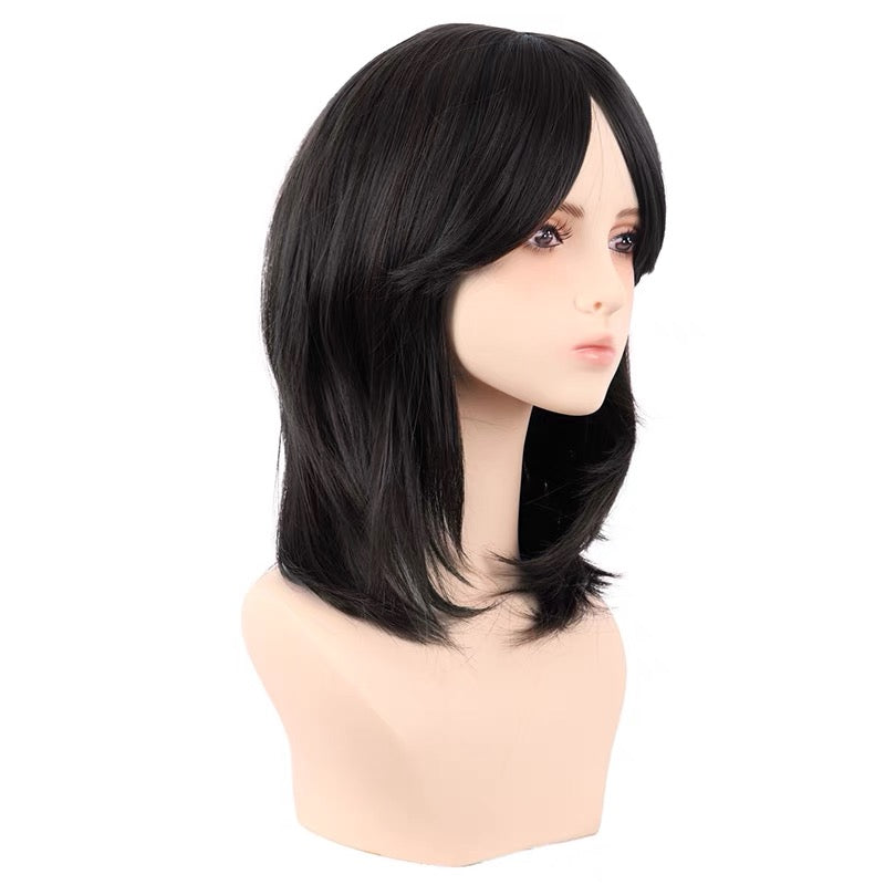Shoulder Length Layered Curtain Bangs Wavy Wig Natural Black