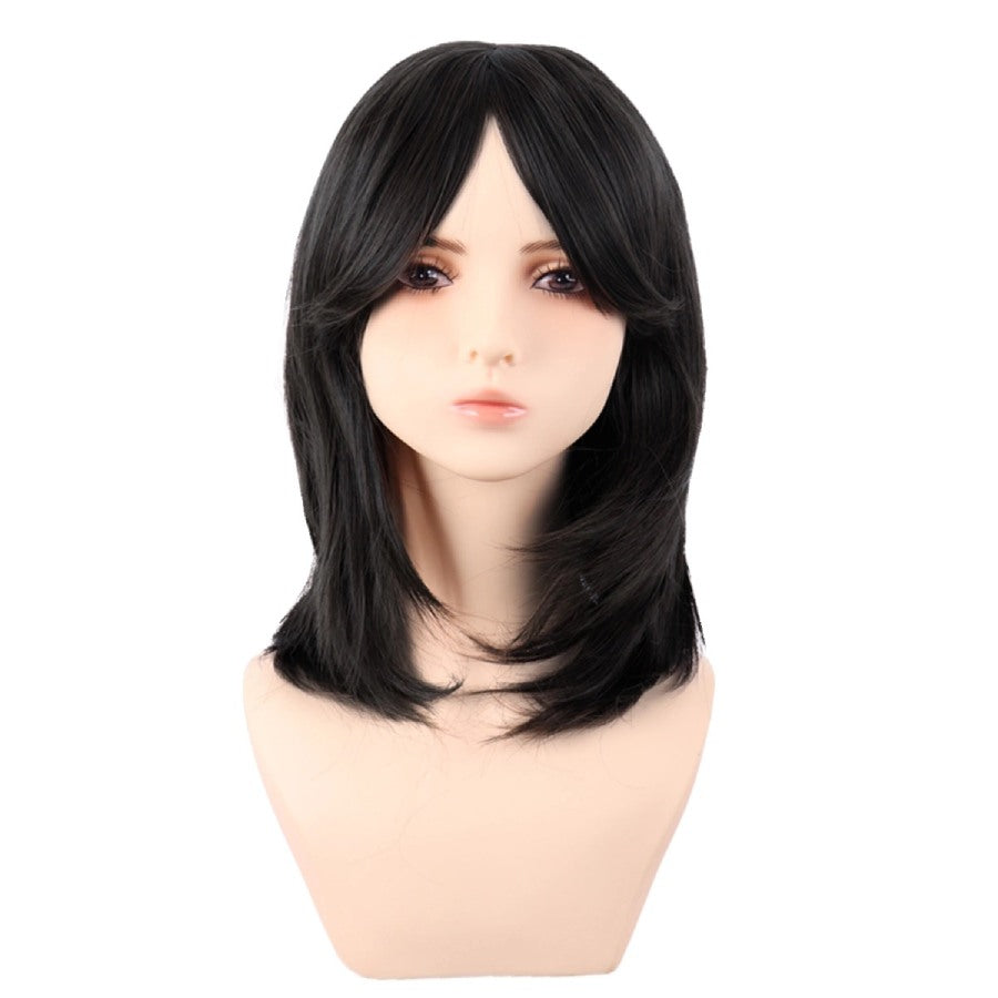 Shoulder Length Layered Curtain Bangs Wavy Wig Natural Black