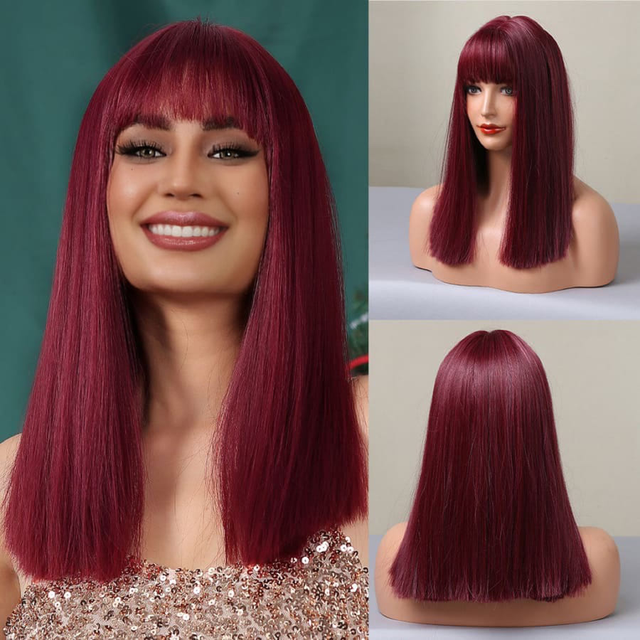 14 Inch Shoulder Length Burgundy Straight Wig with Bangs