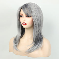 Shoulder Length Salt & Pepper Grey Layered Medium Long Wig for Seniors