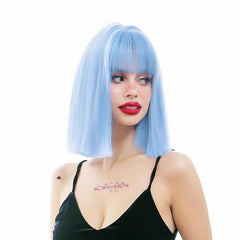 Short Straight Sky Blue Blunt Cut Bob Wig with Bangs