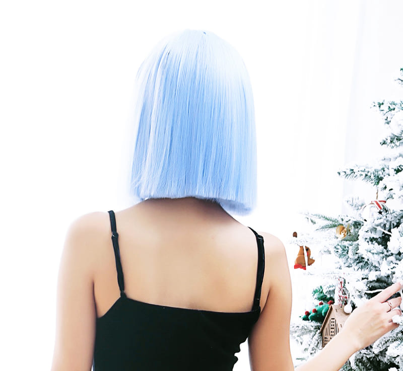 Short Straight Sky Blue Blunt Cut Bob Wig with Bangs