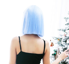 Short Straight Sky Blue Blunt Cut Bob Wig with Bangs
