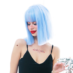 Short Straight Sky Blue Blunt Cut Bob Wig with Bangs