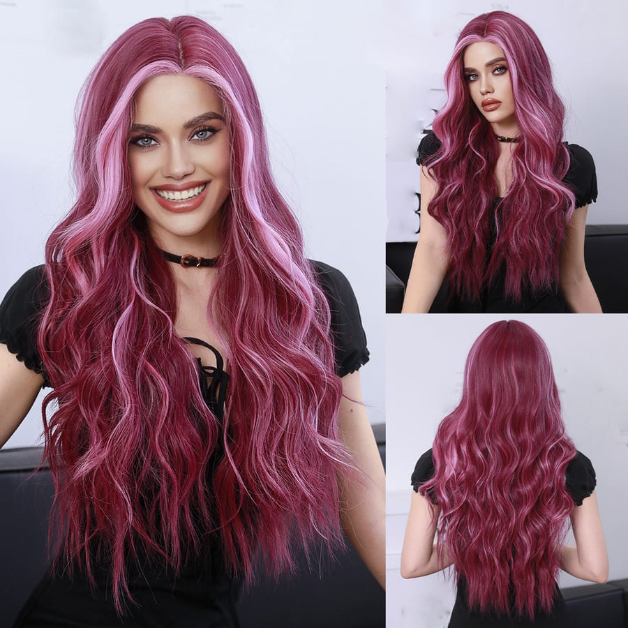 26'' Violet Glueless Front Lace Water Wave Wig with Pink Highlights