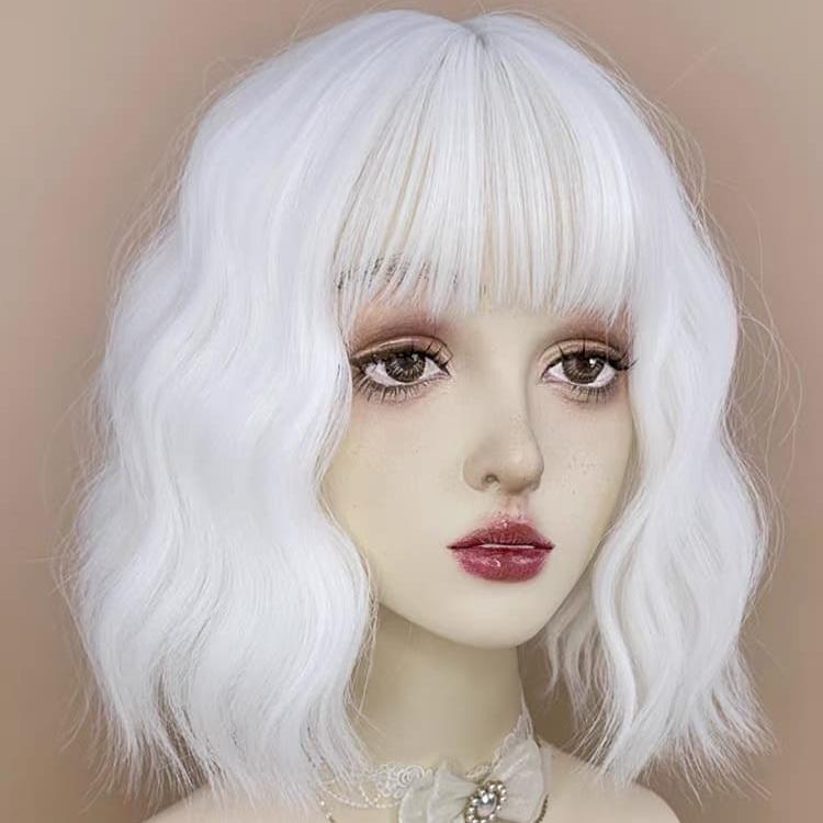 White Short Water Wave Lolita Bob Wig with Bangs