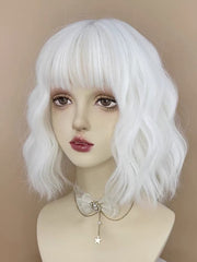 White Short Water Wave Lolita Bob Wig with Bangs