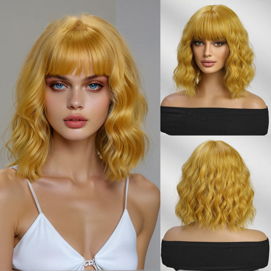 Yellow Gold Short Loose Wave Bob Wig with Bangs