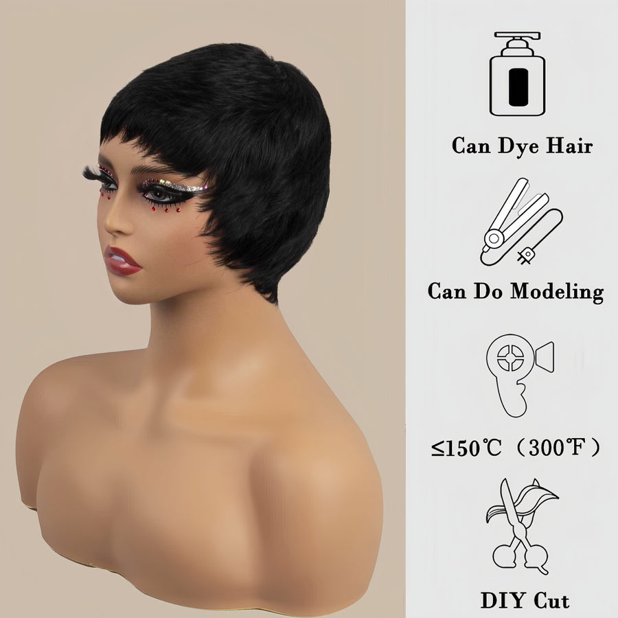 black pixie cut human hair wig