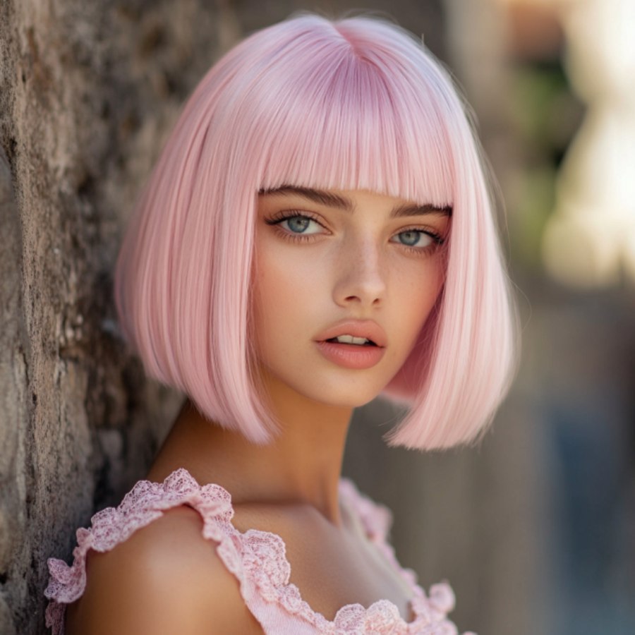 Light Pink Blunt Cut Short Straight Bob Wig with Bangs