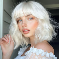 White Short Water Wave Lolita Bob Wig with Bangs