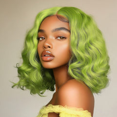 Shoulder Length Lemon Green Deep Wave 13x4 Front Lace Wig