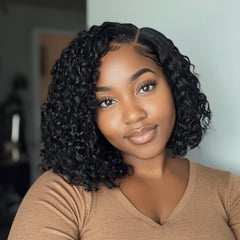 Black Front Lace Kinky Curly Human Hair Bob Wig 180% Density