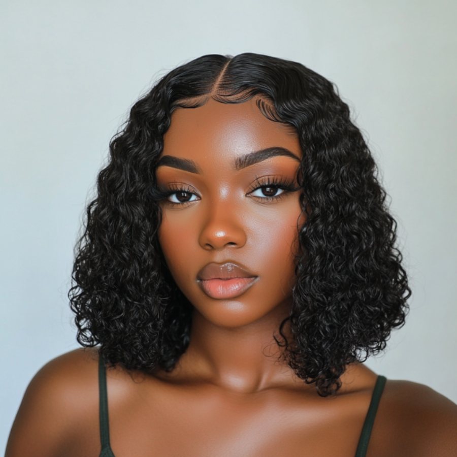 Black Front Lace Kinky Curly Human Hair Bob Wig 180% Density