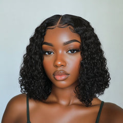 Black Front Lace Kinky Curly Human Hair Bob Wig 180% Density
