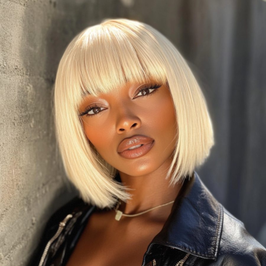 Blonde Short Straight Blunt Cut Bob Wig with Bangs