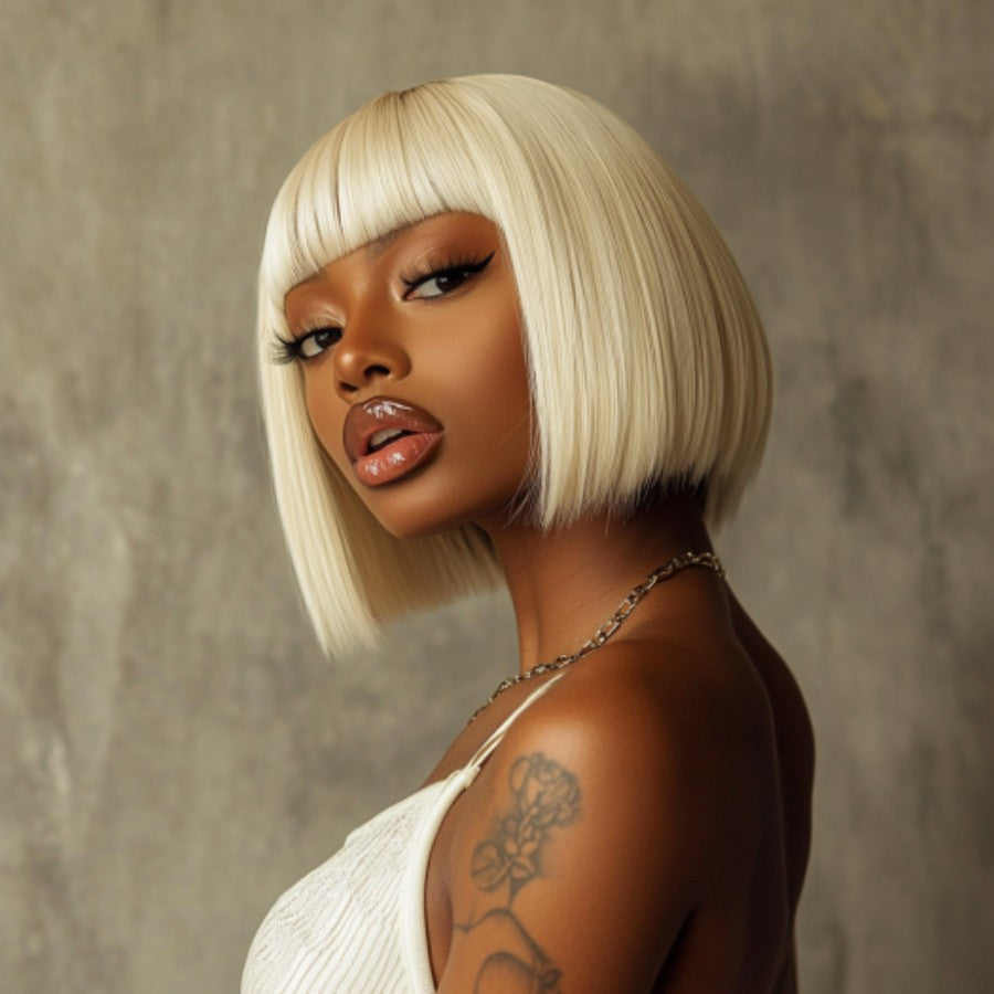 Blonde Short Straight Blunt Cut Bob Wig with Bangs