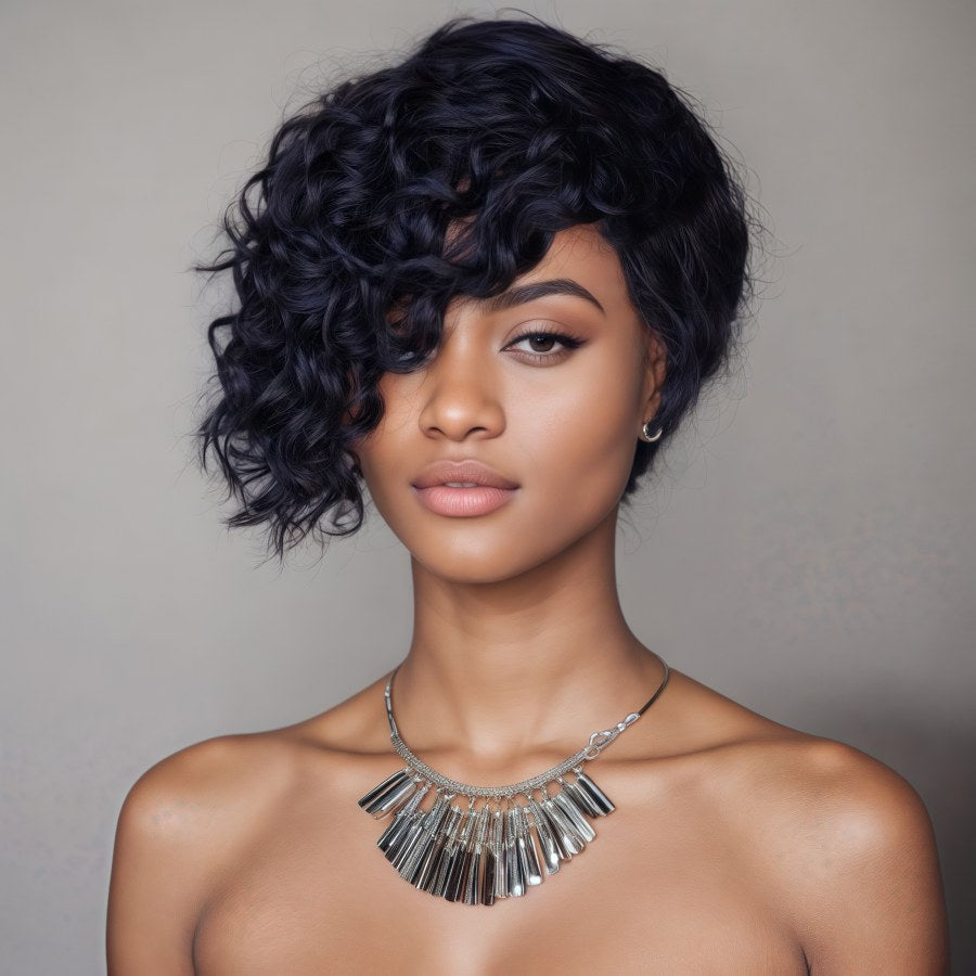 10'' Deep Wave Human Hair Asymmetrical Pixie Cut Wig